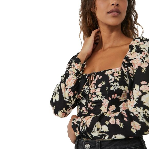 FREE PEOPLE Hilary Printed Keyhole Top - Black Floral Combo - XS - Picture 3 of 4